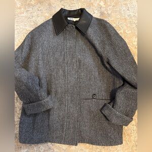 Zara tweed barn Jacket with black leather collar